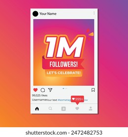 1m followers, Thank You, social sites post. Thank you followers congratulation card