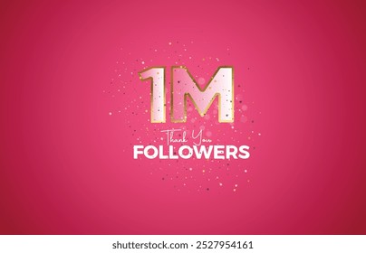 1M aislado en el fondo rosado con confeti brillante, gracias a los seguidores de las personas, dorado, número rosado 1M grupo social en línea, 2M
