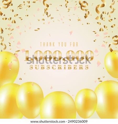 1M subscribers celebration design. Gold text with baloons on light background. Luxurious 1M subscribers logo post banner for social media.