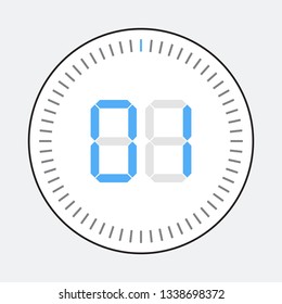 The 1minut, stopwatch vector icon, digital timer. Vector digital count down circle board with circle time pie diagram. Watch outline style design, designed for web and app.