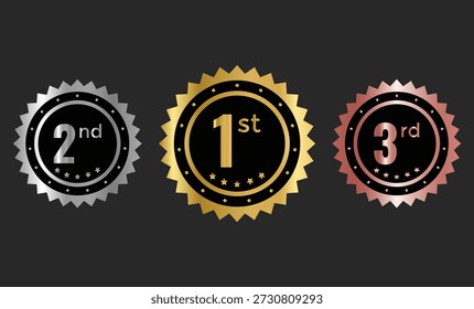 1.º, 2.º, 3.º medalla de premios insignia. Símbolos de oro, plata y bronce. Signos de éxito y honor. Símbolos de los tres primeros clasificados. Torneo y signo de premio
