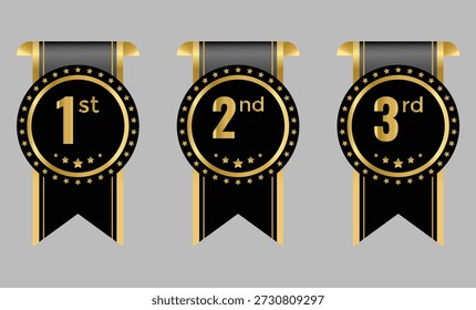 1.º, 2.º, 3.º medalla de premios insignia. Símbolos de oro, plata y bronce. Signos de éxito y honor. Símbolos de los tres primeros clasificados. Torneo y signo de premio
