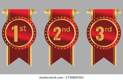 1.º, 2.º, 3.º medalla de premios insignia. Símbolos de oro, plata y bronce. Signos de éxito y honor. Símbolos de los tres primeros clasificados. Torneo y signo de premio

