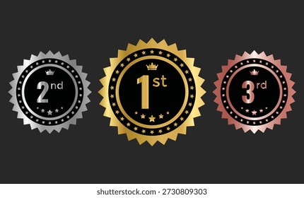 1.º, 2.º, 3.º medalla de premios insignia. Símbolos de oro, plata y bronce. Signos de éxito y honor. Símbolos de los tres primeros clasificados. Torneo y signo de premio
