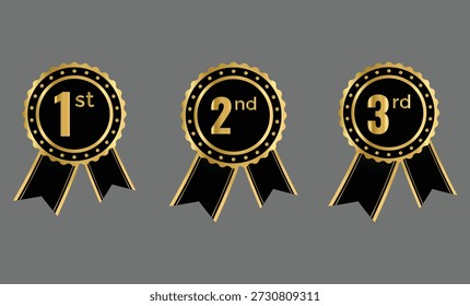 1.º, 2.º, 3.º medalla de premios insignia. Símbolos de oro, plata y bronce. Signos de éxito y honor. Símbolos de los tres primeros clasificados. Torneo y signo de premio
