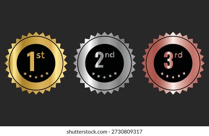 1.º, 2.º, 3.º medalla de premios insignia. Símbolos de oro, plata y bronce. Signos de éxito y honor. Símbolos de los tres primeros clasificados. Torneo y signo de premio

