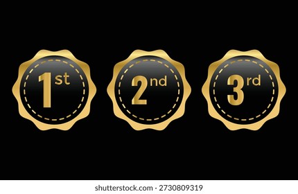1.º, 2.º, 3.º medalla de premios insignia. Símbolos de oro, plata y bronce. Signos de éxito y honor. Símbolos de los tres primeros clasificados. Torneo y signo de premio
