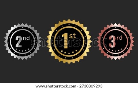 1st, 2nd, 3rd awards medal badge. Gold silver and bronze winner symbols. Success and honor signs. Top three finishers symbols. Tournament and award sign
