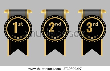1st, 2nd, 3rd awards medal badge. Gold silver and bronze winner symbols. Success and honor signs. Top three finishers symbols. Tournament and award sign
