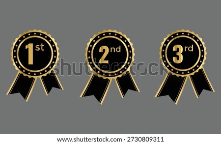1st, 2nd, 3rd awards medal badge. Gold silver and bronze winner symbols. Success and honor signs. Top three finishers symbols. Tournament and award sign
