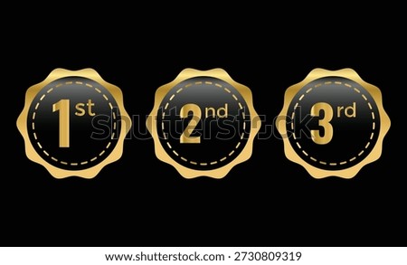 1st, 2nd, 3rd awards medal badge. Gold silver and bronze winner symbols. Success and honor signs. Top three finishers symbols. Tournament and award sign
