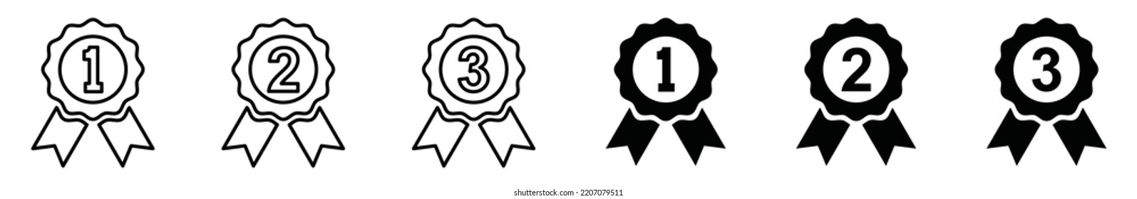 1st, 2nd, 3rd champion medal symbol icon vector set. Line art and flat symbol of competition winner medal