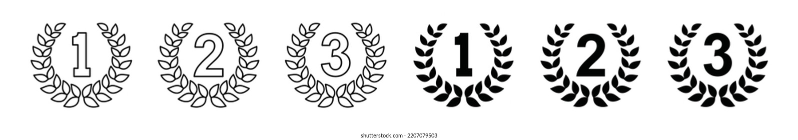 1st, 2nd, 3rd laurel wreath floral victory symbol icon vector set. Line art and flat symbol of competition winner laurel wreath floral