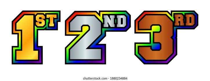 1st, 2nd, 3rd numbers and letters in bronze, silver and golden color. Badges for awarding winners and participants of sports tournaments. Icons for rating and ranking. With rainbow colored outline.