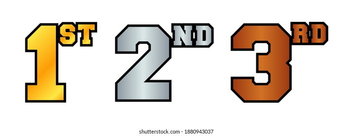 1st, 2nd, 3rd numbers and letters in bronze, silver and golden color. Badges for awarding winners and participants of sports tournaments. Icons for rating and ranking. Isolated on white background. 
