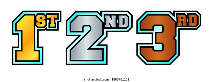 1st, 2nd, 3rd numbers and letters in bronze, silver and golden color with light blue crystal outline. Badges for awarding winners and participants of sports tournaments. Icons for rating and ranking.