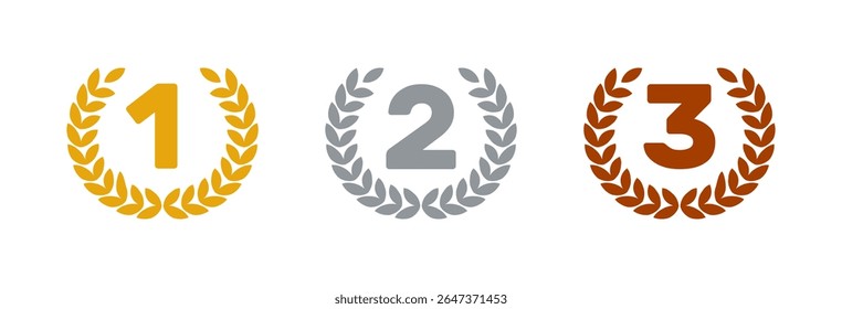 1.º 2.º 3.º lugar premios, coronas de bronce de plata dorada, trofeo ganador, conjunto de iconos de vector plano