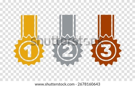 1st 2nd 3rd place awards, golden silver bronze medals with ribbon, flat solid vector set, transparent background