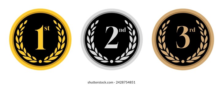 1er, 2do y 3er lugar campeón pin badge vector. oro, plata y bronce