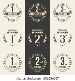 1st, 2nd, 3rd place logo's with laurels and ribbons. Vector illustration.