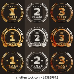 1st, 2nd, 3rd place logo's with laurels and ribbons. Vector illustration.