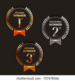 1st, 2nd, 3rd place logo's with laurels and ribbons. Vector illustration.