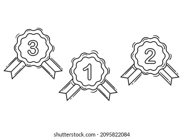 1st, 2nd and 3rd place medal hand drawing on white background