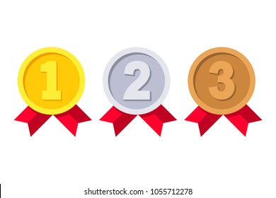 1st, 2nd and 3rd places. Gold, silver, bronze medal. First, second, third place. Award winner. Trophy with red ribbon. Golden badge for achievement. Vector flat design. Isolated on white background.