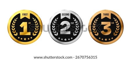 1st, 2nd, 3rd premium awards circle medal vector. Black, gold, silver, bronze color. First, Second, Third place badges with laurel wreath. Isolated on white background