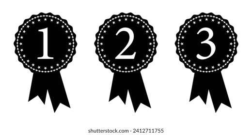 1st, 2nd and 3rd prize medal with ribbon set in black and white color. Champion and winner awards medal set with star and red ribbon. First place trophy - Vector Icon