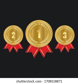 1st, 2nd, 3rd Sports awards three medals, gold isolated on a black background