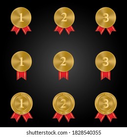 1st, 2nd, 3rd Sports awards three medals, gold isolated on a black background, vector illustration