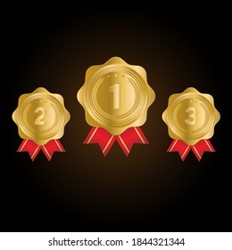 1st, 2nd, 3rd Sports awards three medals, gold isolated on a black background