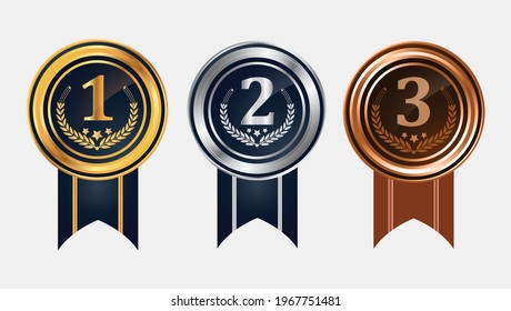 1st, 2nd, 3rd Sports awards three medals, gold, silver and bronze isolated on a black background, Medal set vector with ribbon, Sports medal set vector.