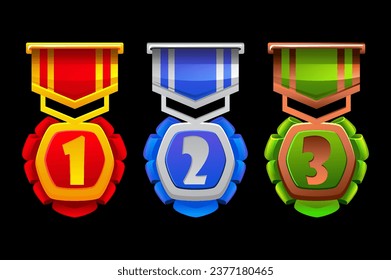 1st, 2nd, 3rd Sports awards three medals, gold, silver and bronze isolated