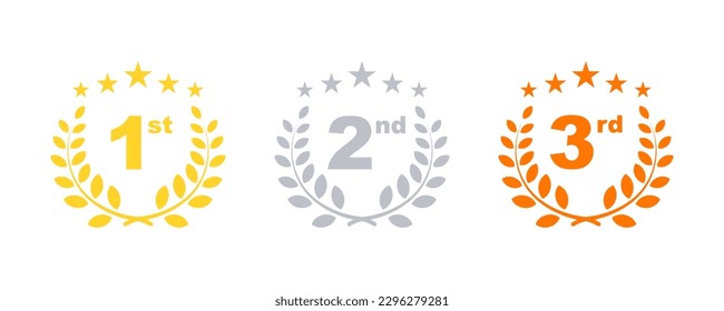 1st, 2nd and 3rd winner place. Gold, silver and bronze medal or cup. Victory prize with laurel wreath. Vector 10 Eps.