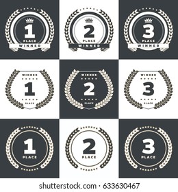 1st, 2ns, 3rd place logo's with laurels and ribbons. Vector illustration.
