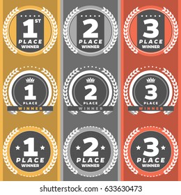 1st, 2ns, 3rd place logo's with laurels and ribbons. Vector illustration.