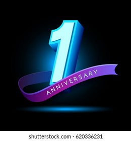 1st Anniversary 3D text with glow effect .celebration vector  template design