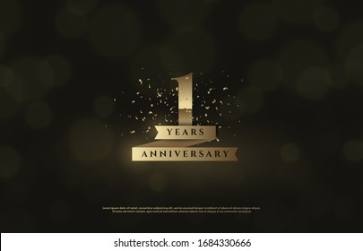 1st anniversary background with gold number illustrations on a black background and a blur circle