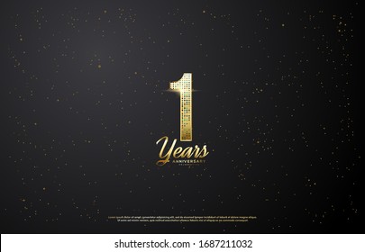 1st anniversary background with illustrations of light effects behind gold colored figures on a black background.