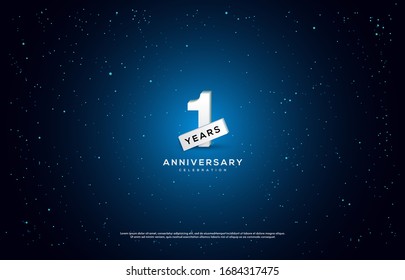 1st anniversary background with illustrations of white numbers and light effects on a blue background.