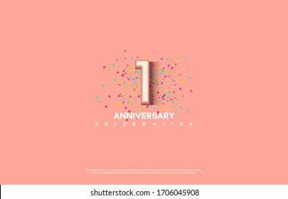 1st anniversary background with illustrations of white numbers and pink color on the edges of numbers.