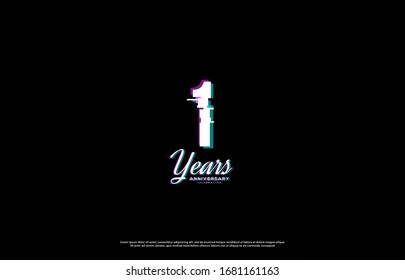 1st anniversary background number illustration with glitch effect on black background.
