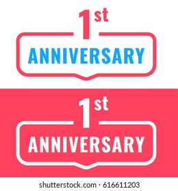 1st anniversary. Badge icon, logo. Flat vector illustration on white and red background. Can be used for birthday, wedding or company event.