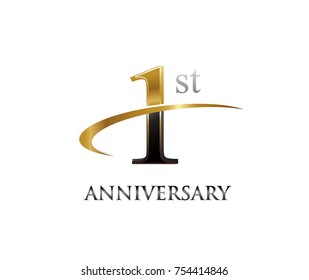 1st anniversary black and golden swoosh. simple logo vector design for greeting card and invitation card