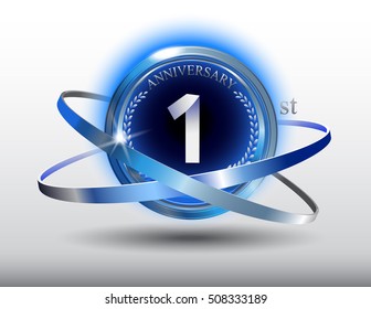 1st anniversary with blue ring and laurel on white background