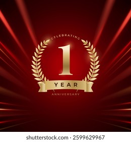 1st anniversary celebraion with gold number.  One Year Anniversary Celebrating background design. 1st Anniversary Celebration. logo design with golden numbers and text.