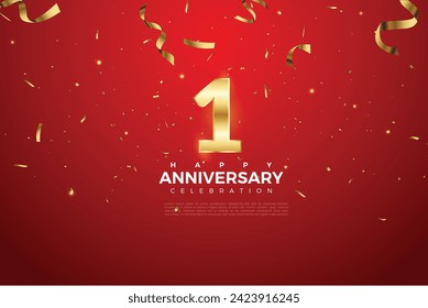 1st Anniversary celebration, 1 Anniversary celebration On Red background for celebration event, festive illustration, Golden number 1 sparkling confetti, 1,2