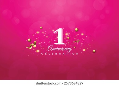 1st Anniversary celebration, 1 Anniversary celebration, Pink background, festive illustration,Realistic 3d sign, stars, White number with Golden ribbon 1 sparkling confetti, 1,2